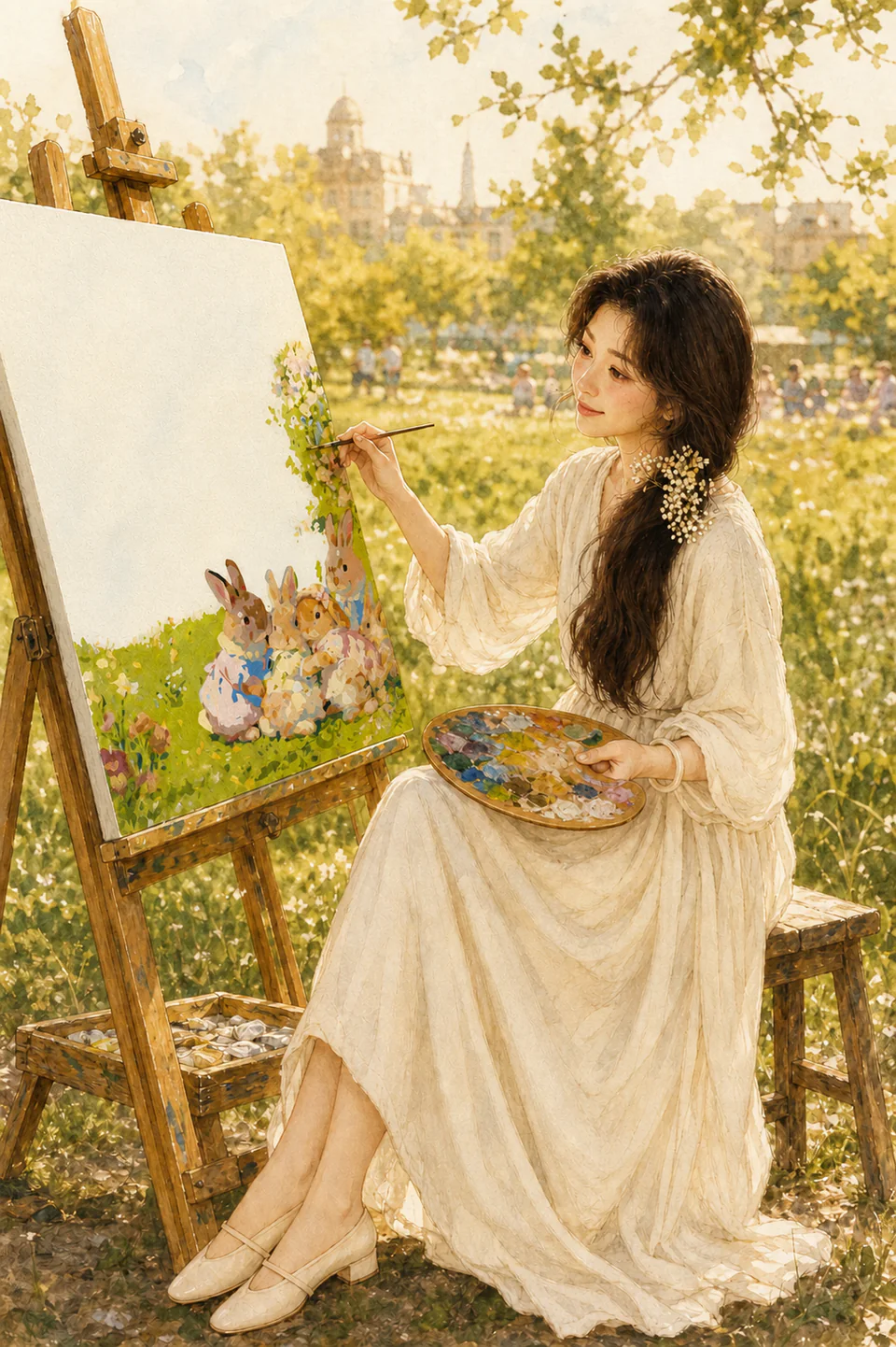 一幅水彩插画：白裙女子在草地上的画布前画着兔子。