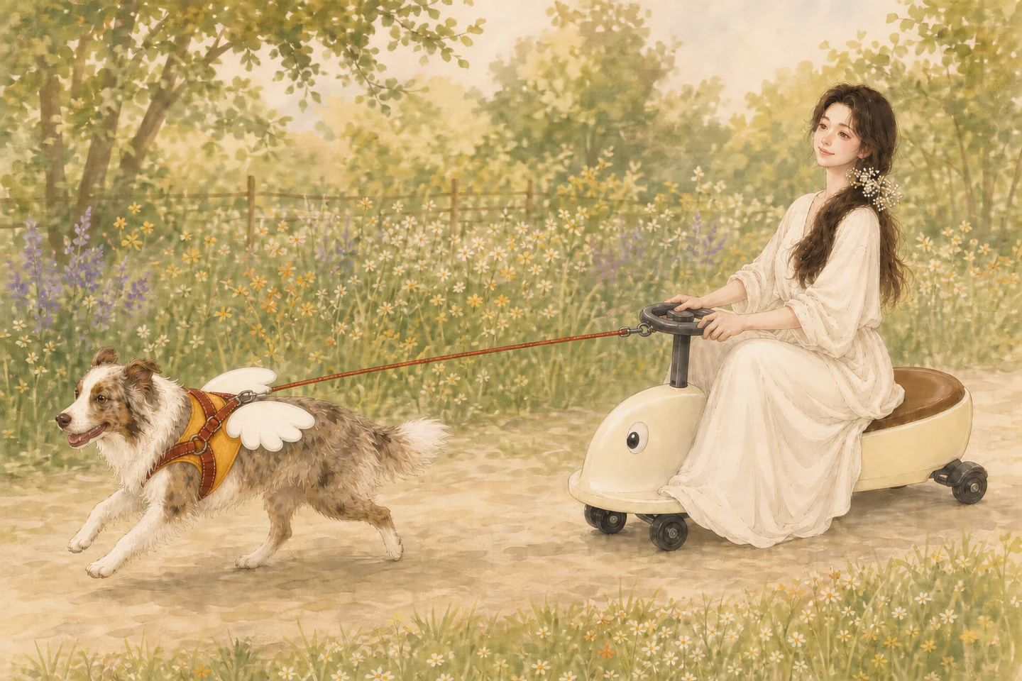 一幅横向水彩插画：想象中的白裙女子坐在扭扭车上，由前方的三千带路。